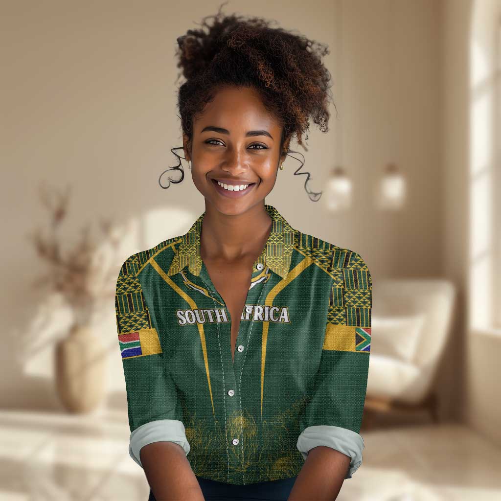 Personalised South African Heritage Day Women Casual Shirt Kente Ethnic Patterns Mix Springboks