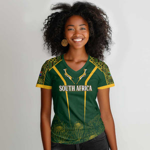 Personalised South African Heritage Day Women V-Neck T-Shirt Kente Ethnic Patterns Mix Springboks