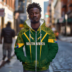 Personalised South African Heritage Day Zip Hoodie Kente Ethnic Patterns Mix Springboks