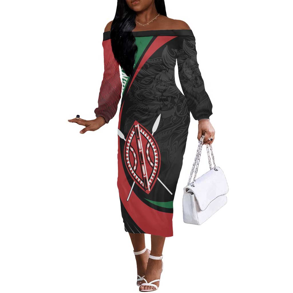 Kenya Personalized Off The Shoulder Long Sleeve Dress Mashujaa Day Lion Warrior