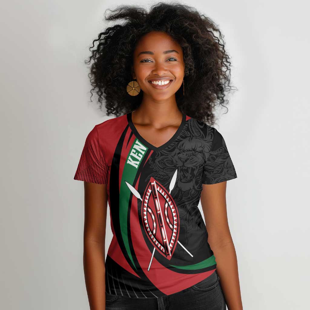 Kenya Personalized Women V-Neck T-Shirt Mashujaa Day Lion Warrior