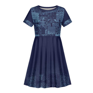 Yoruba Adire Eleko Patterns Kid Short Sleeve Dress Indigo Vintage