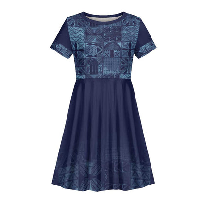 Yoruba Adire Eleko Patterns Kid Short Sleeve Dress Indigo Vintage