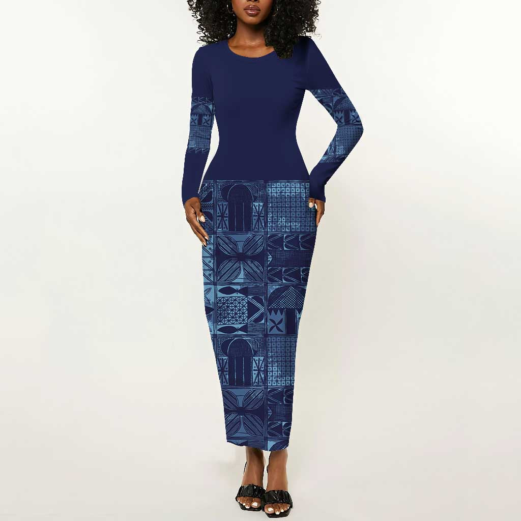 Yoruba Adire Eleko Patterns Long Sleeve Bodycon Dress Indigo Vintage