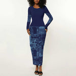 Yoruba Adire Eleko Patterns Long Sleeve Bodycon Dress Indigo Vintage