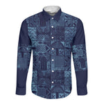 Yoruba Adire Eleko Patterns Long Sleeve Button Shirt Indigo Vintage