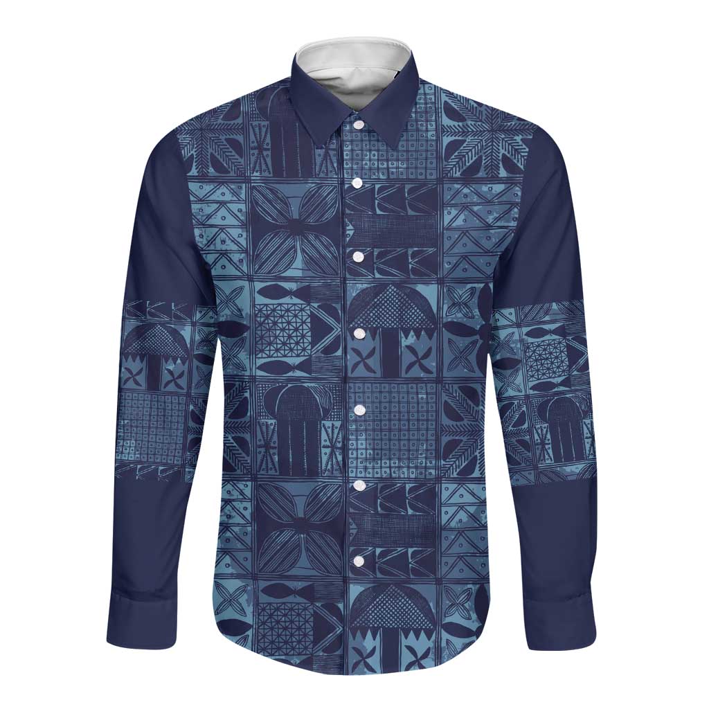 Yoruba Adire Eleko Patterns Long Sleeve Button Shirt Indigo Vintage