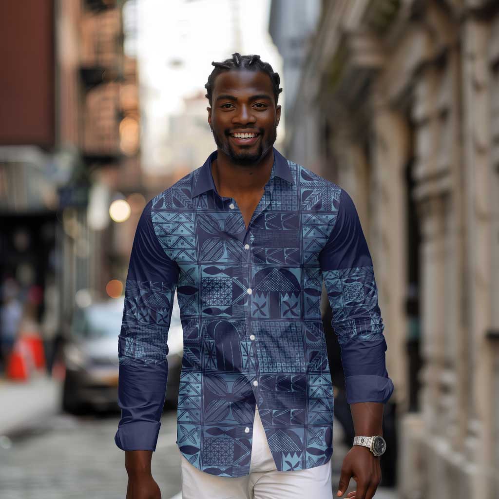 Yoruba Adire Eleko Patterns Long Sleeve Button Shirt Indigo Vintage