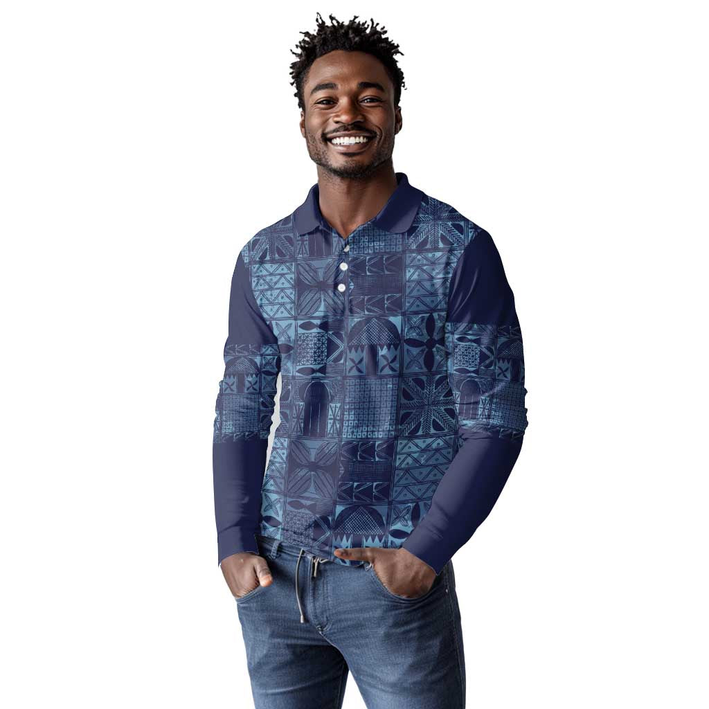 Yoruba Adire Eleko Patterns Long Sleeve Polo Shirt Indigo Vintage