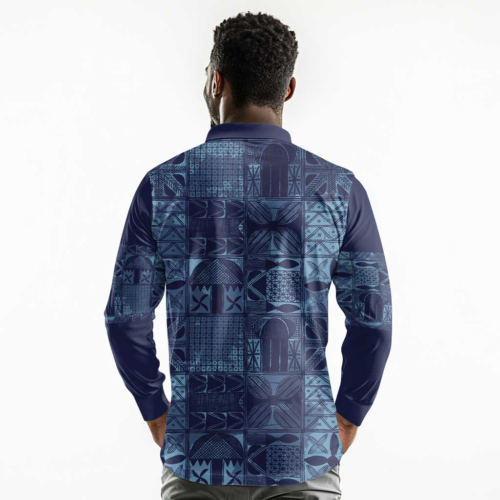 Yoruba Adire Eleko Patterns Long Sleeve Polo Shirt Indigo Vintage
