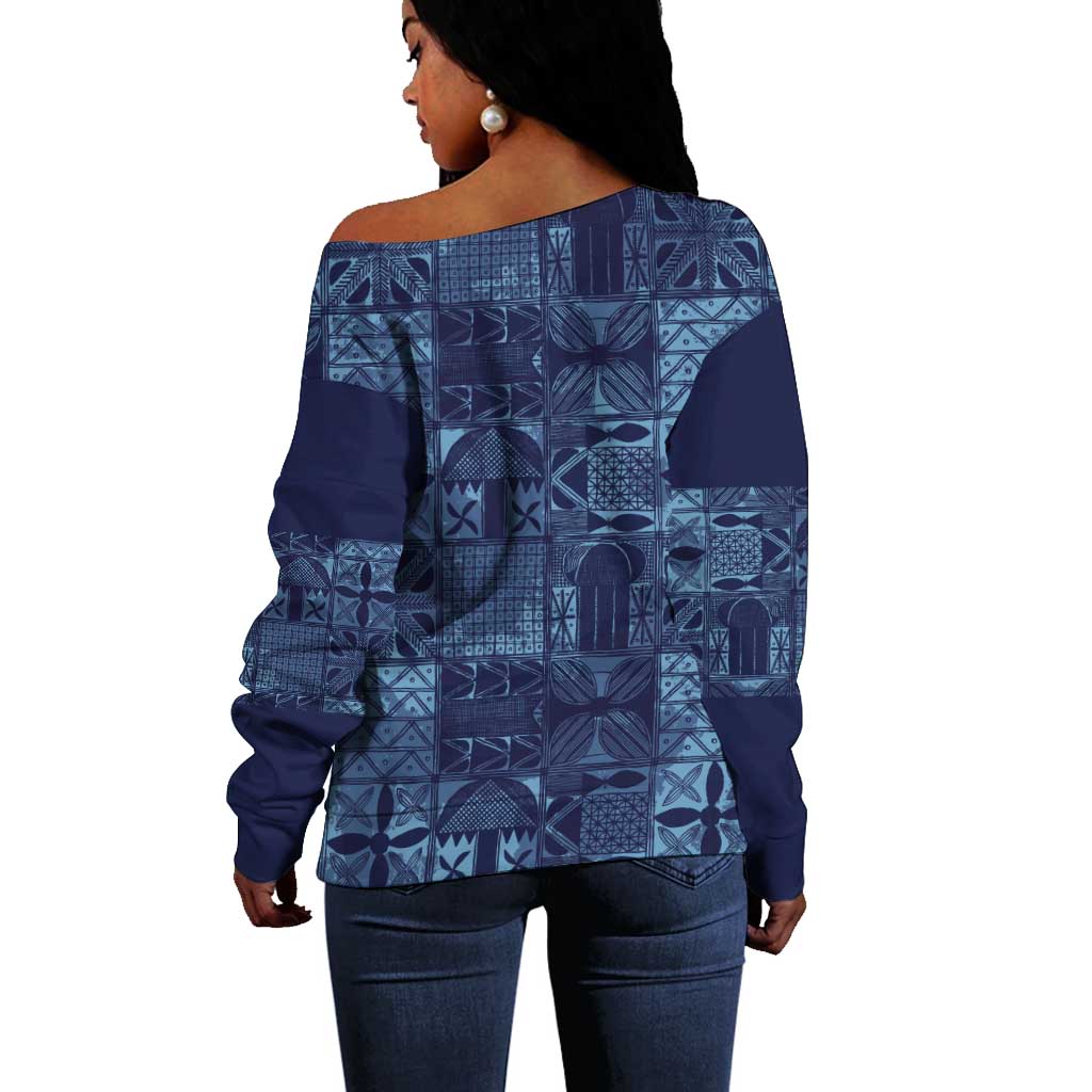 Yoruba Adire Eleko Patterns Off Shoulder Sweater Indigo Vintage