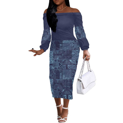 Yoruba Adire Eleko Patterns Off The Shoulder Long Sleeve Dress Indigo Vintage