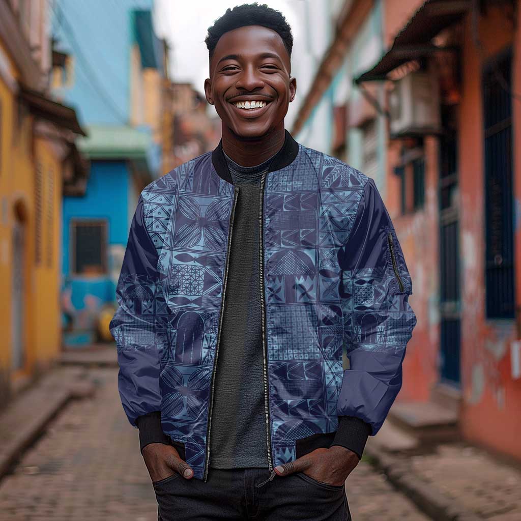 Yoruba Adire Eleko Patterns Sleeve Zip Bomber Jacket Indigo Vintage