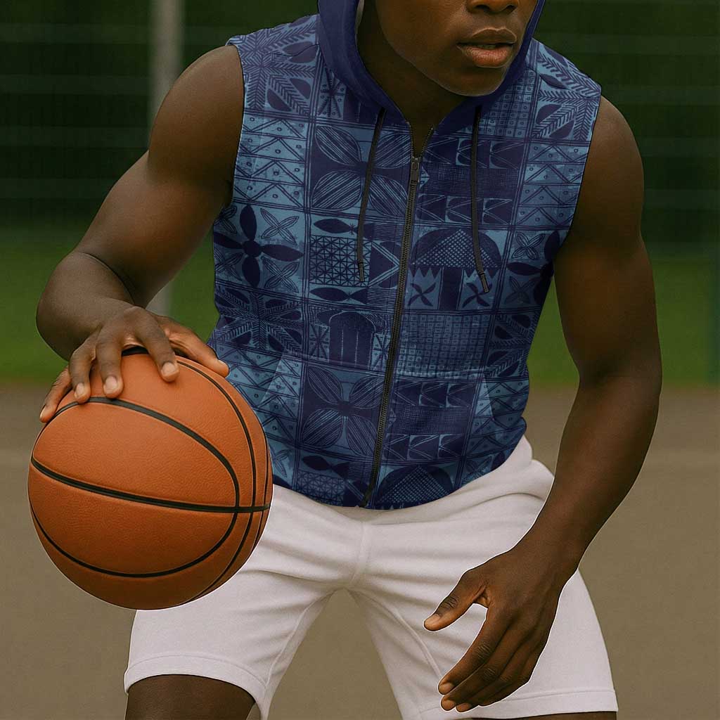 Yoruba Adire Eleko Patterns Sleeveless Zip Hoodie Indigo Vintage - African Pride