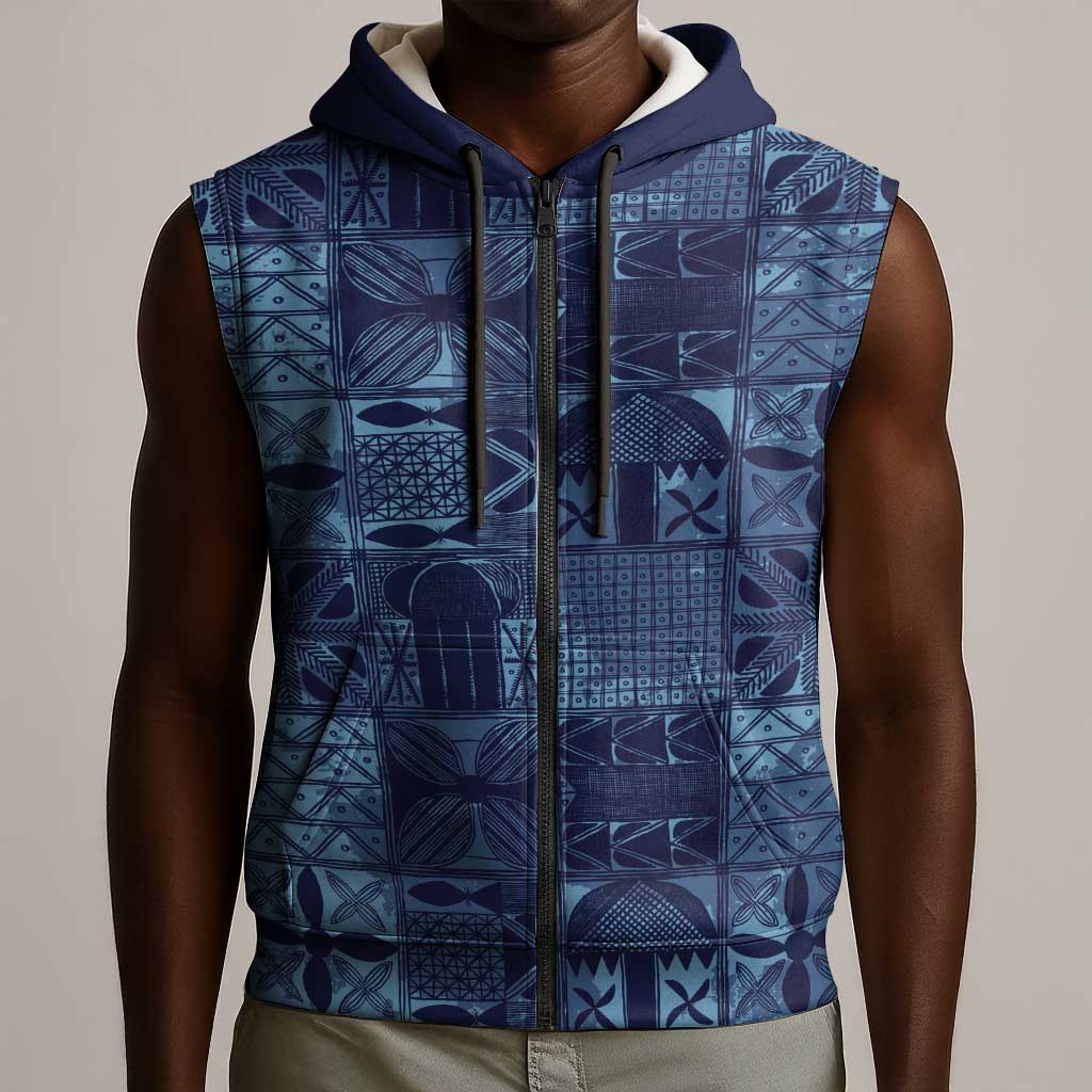 Yoruba Adire Eleko Patterns Sleeveless Zip Hoodie Indigo Vintage - African Pride