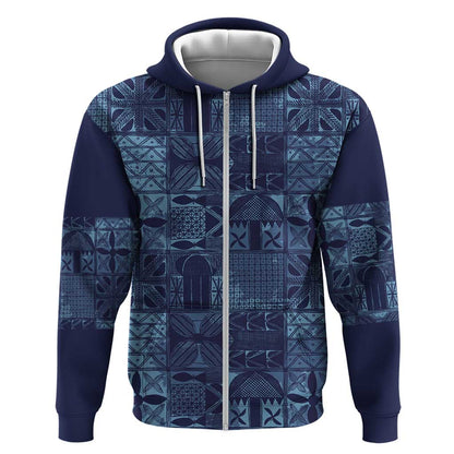Yoruba Adire Eleko Patterns Zip Hoodie Indigo Vintage