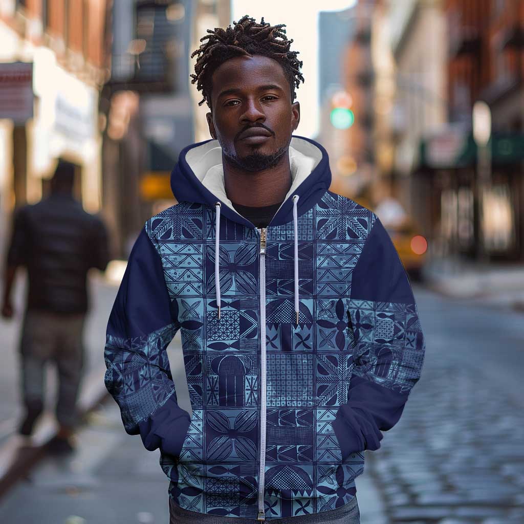 Yoruba Adire Eleko Patterns Zip Hoodie Indigo Vintage