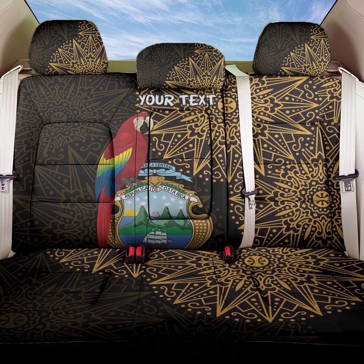 Pura Vida Costa Rica Personalized Back Car Seat Cover Oxcart Ornate Inspired Gold Pattern - African Pride
