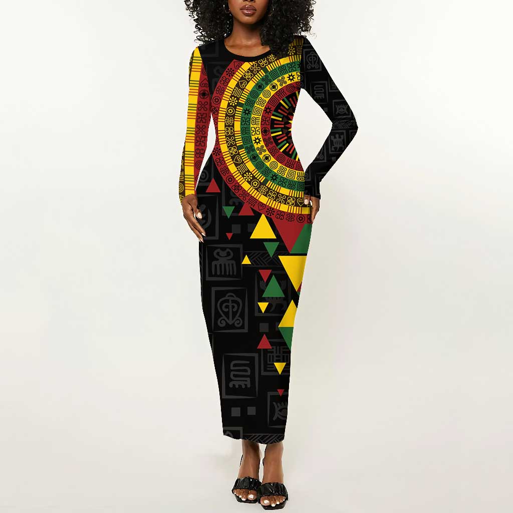 Personalized Adinkra Afro-Akan Culture Long Sleeve Bodycon Dress Afrikan Colors LT7