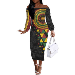 Personalized Adinkra Afro-Akan Culture Off The Shoulder Long Sleeve Dress Afrikan Colors