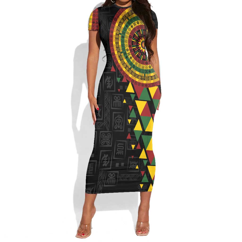 Personalized Adinkra Afro-Akan Culture Short Sleeve Bodycon Dress Afrikan Colors LT7