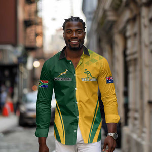 Personalised Australia Mix South Africa Rugby Long Sleeve Button Shirt Wallabies And Springboks - Champions Special Ver