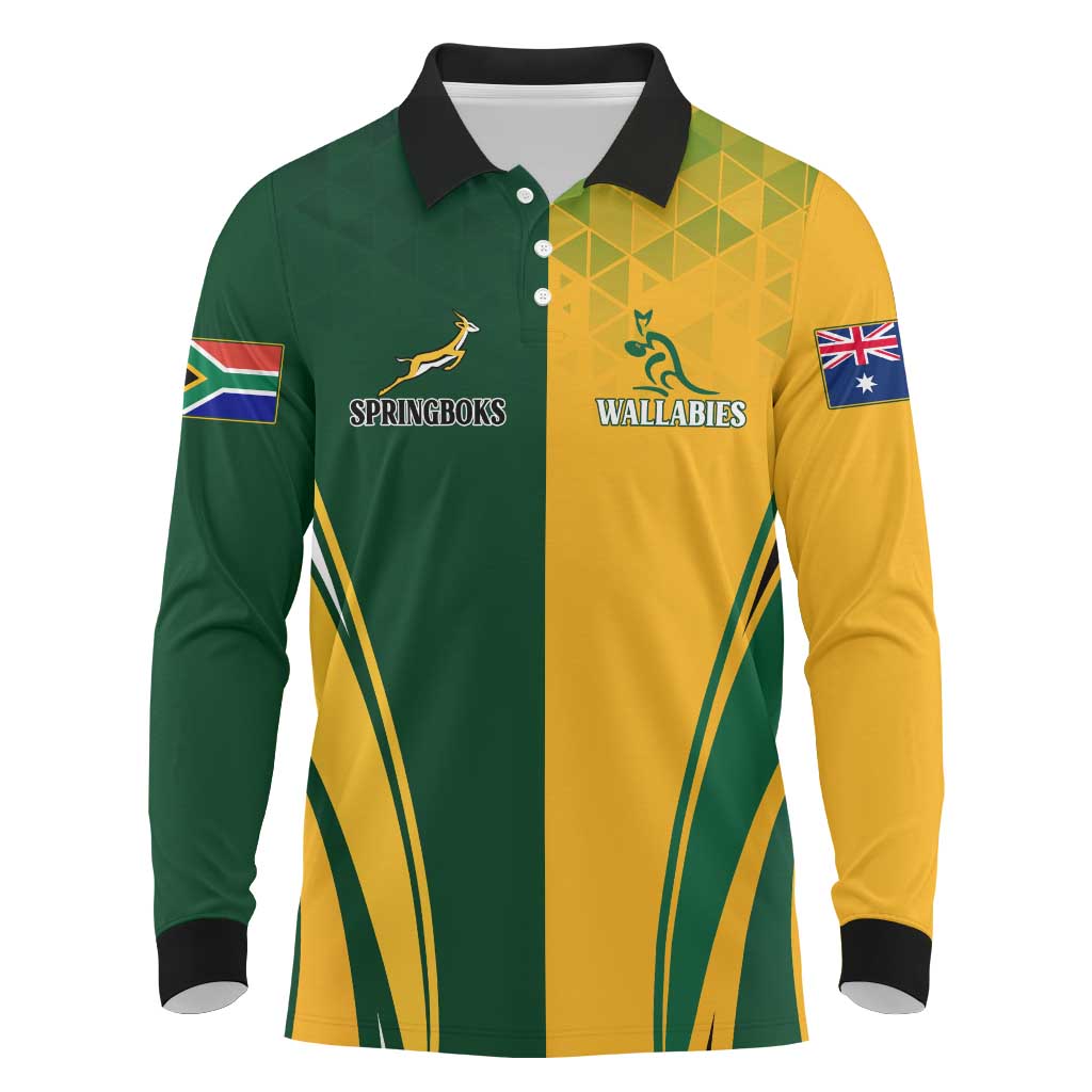 Personalised Australia Mix South Africa Rugby Long Sleeve Polo Shirt Wallabies And Springboks - Champions Special Ver