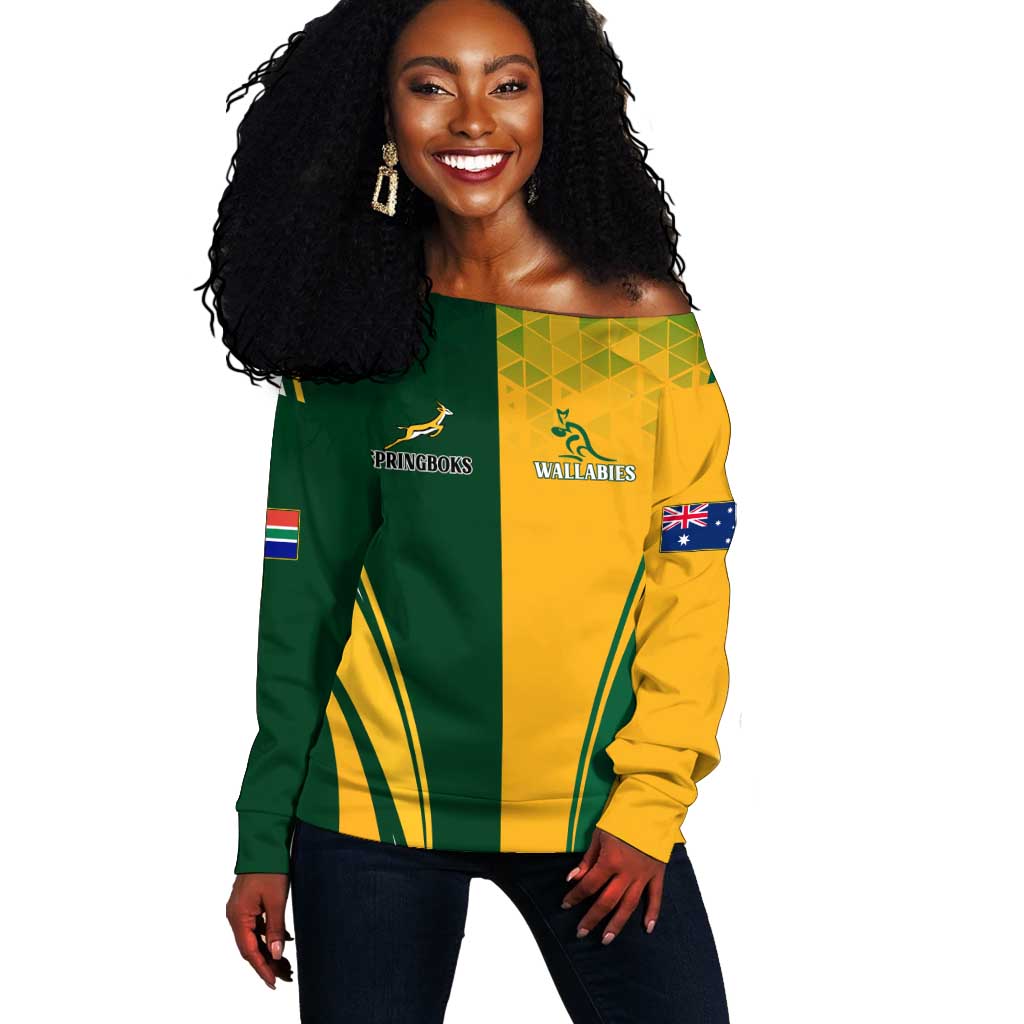 Personalised Australia Mix South Africa Rugby Off Shoulder Sweater Wallabies And Springboks - Champions Special Ver