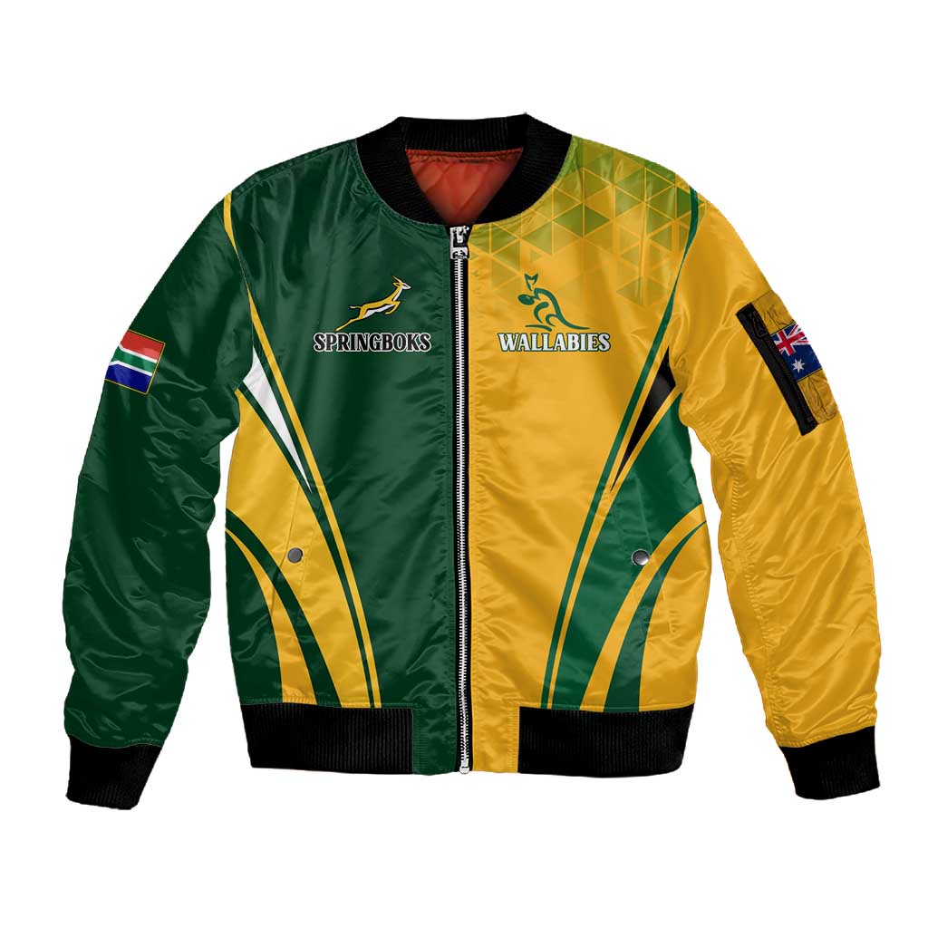 Personalised Australia Mix South Africa Rugby Sleeve Zip Bomber Jacket Wallabies And Springboks - Champions Special Ver