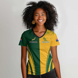 Personalised Australia Mix South Africa Rugby Women V-Neck T-Shirt Wallabies And Springboks - Champions Special Ver