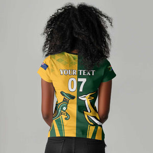 Personalised Australia Mix South Africa Rugby Women V-Neck T-Shirt Wallabies And Springboks - Champions Special Ver