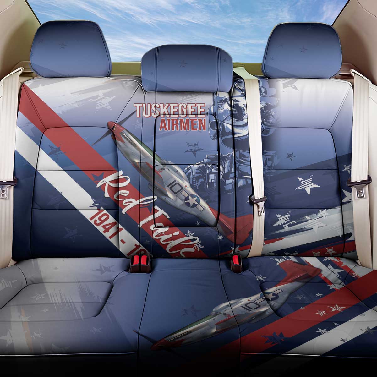 Tuskegee Airmen Red Tails Back Car Seat Cover Straighten Up and Fly Right - Blue White - African Pride
