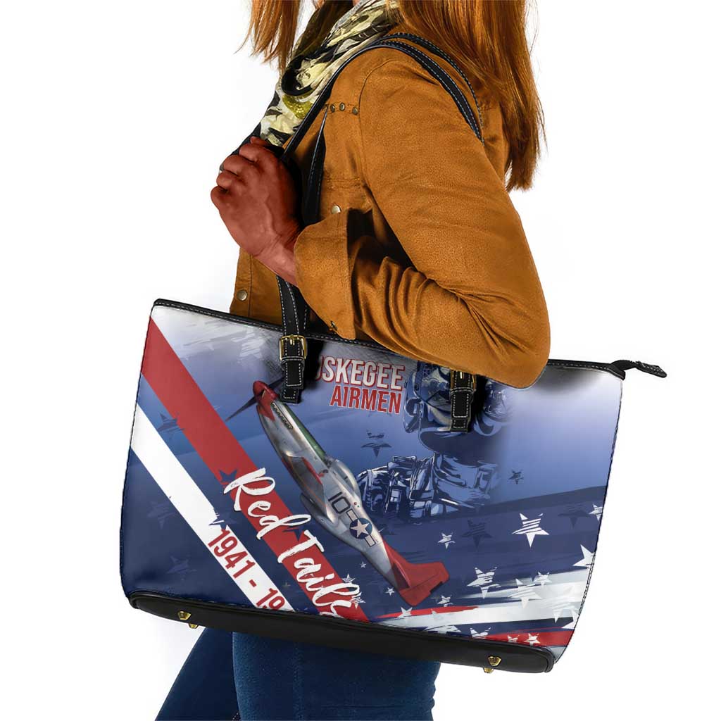 Tuskegee Airmen Red Tails Leather Tote Bag Straighten Up and Fly Right - Blue White - African Pride