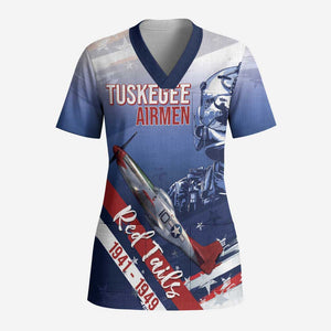 Tuskegee Airmen Red Tails Scrub Top Straighten Up and Fly Right - Blue White - African Pride