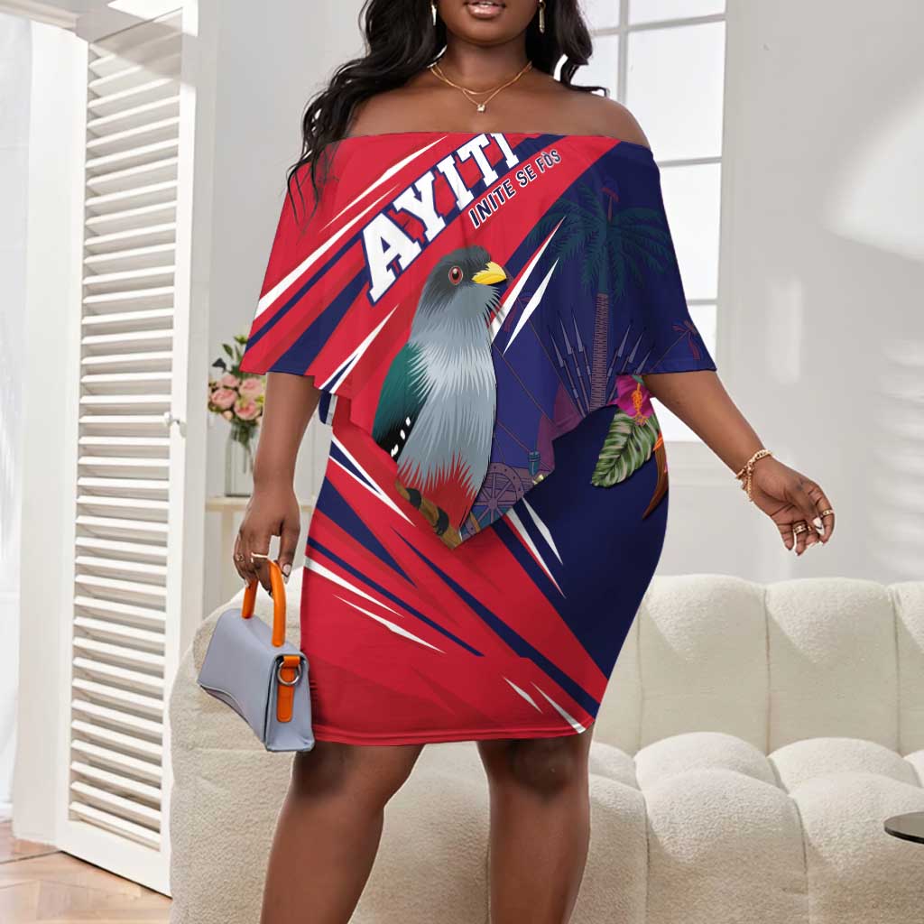 Haiti Personalized Off Shoulder Short Dress Hispaniolan Trogon Tropical Vibes