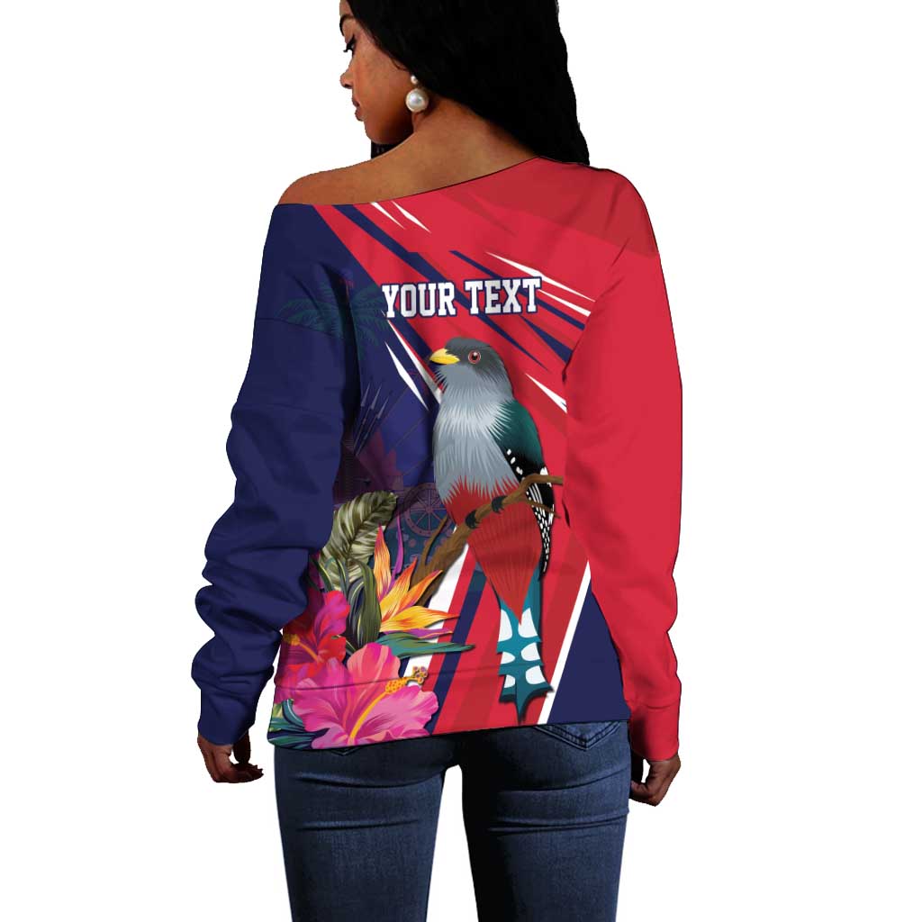 Haiti Personalized Off Shoulder Sweater Hispaniolan Trogon Tropical Vibes