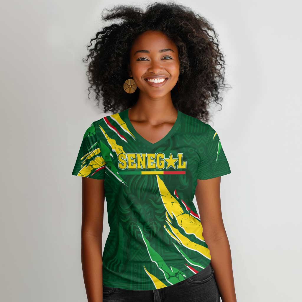 Custom Senegal Football Women V-Neck T-Shirt Nations Cup 2024 Téranga Lions