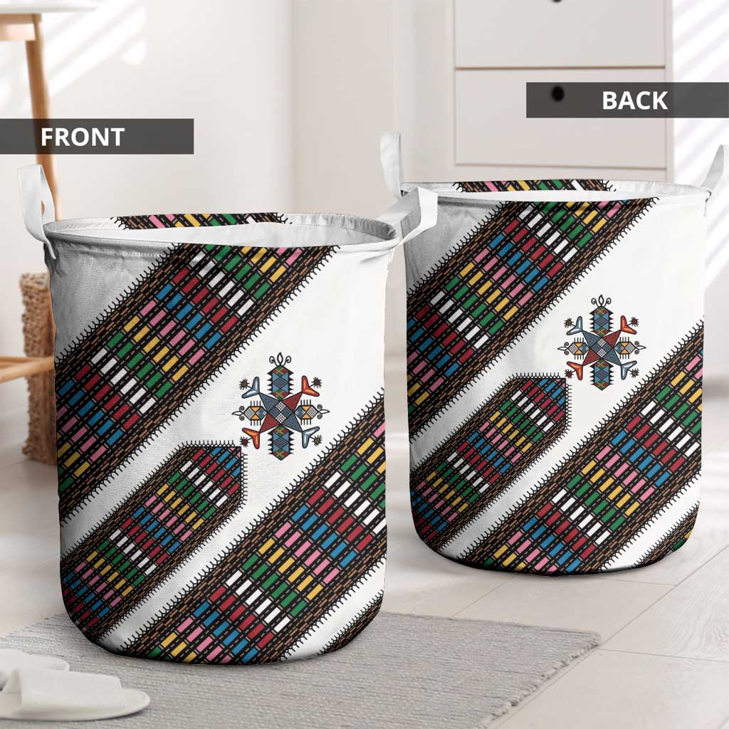 Habesha Kemis Inspired Tilet Pattern Laundry Basket White