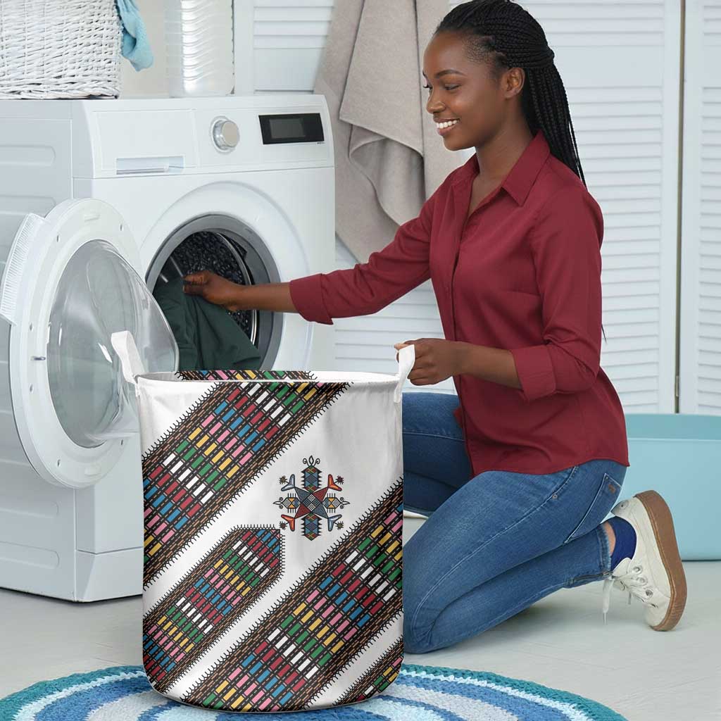Habesha Kemis Inspired Tilet Pattern Laundry Basket White