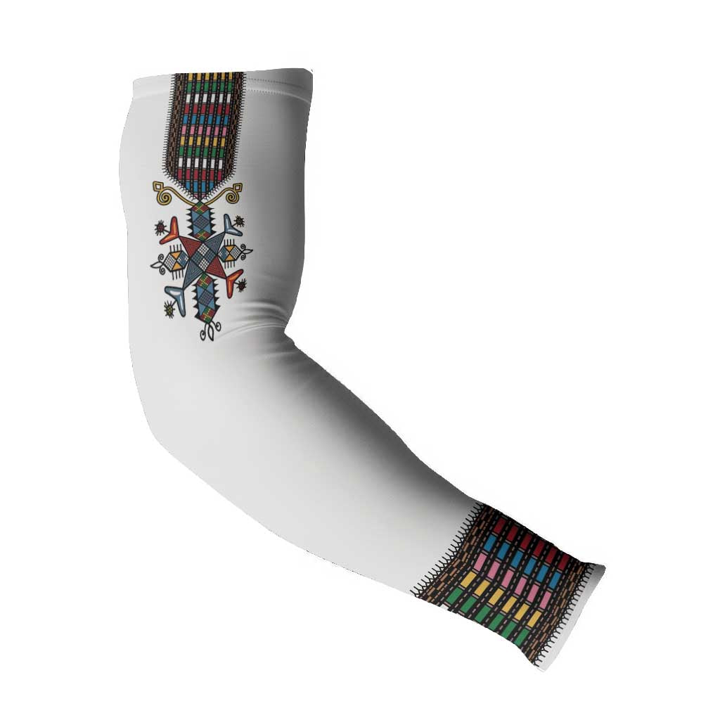 Habesha Kemis Inspired Tilet Pattern Arm Sleeves White
