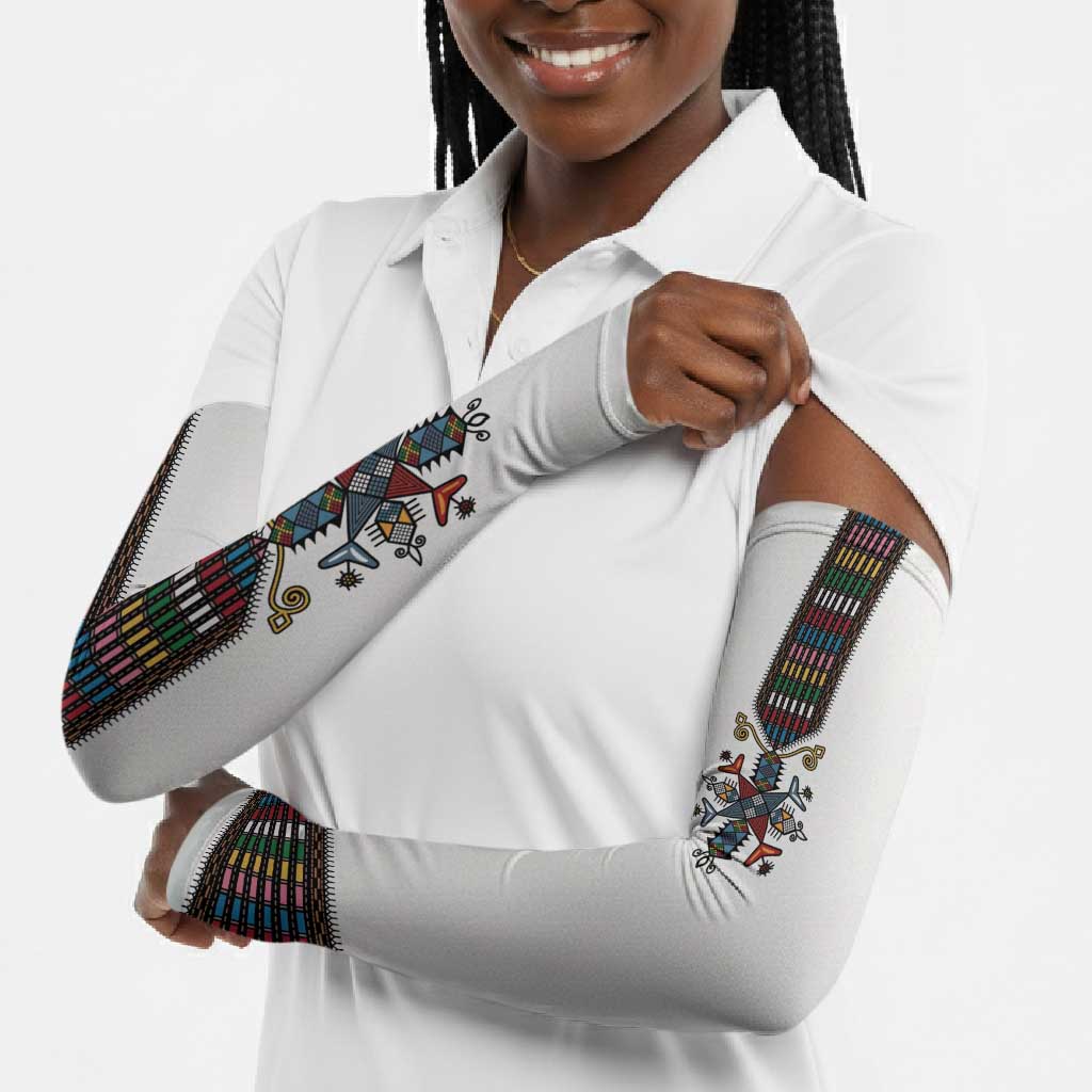 Habesha Kemis Inspired Tilet Pattern Arm Sleeves White