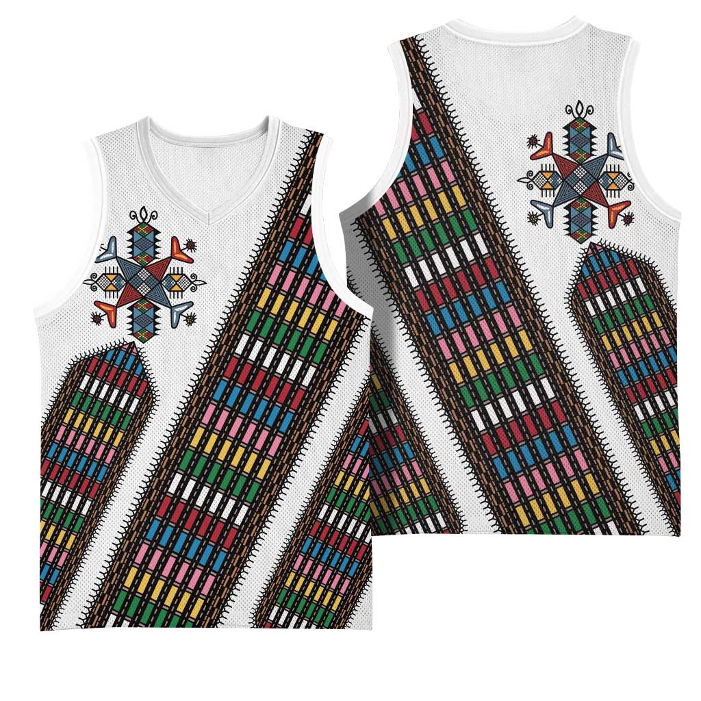 Habesha Kemis Inspired Tilet Pattern Basketball Jersey White