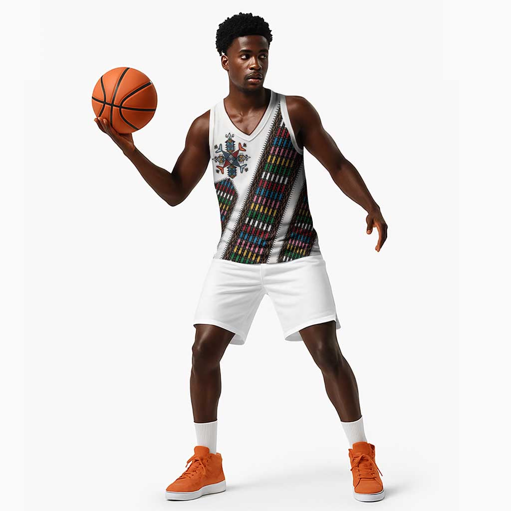 Habesha Kemis Inspired Tilet Pattern Basketball Jersey White