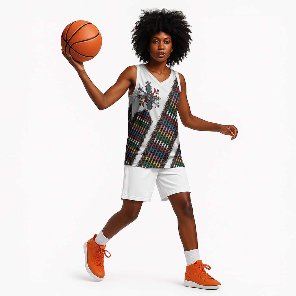 Habesha Kemis Inspired Tilet Pattern Basketball Jersey White