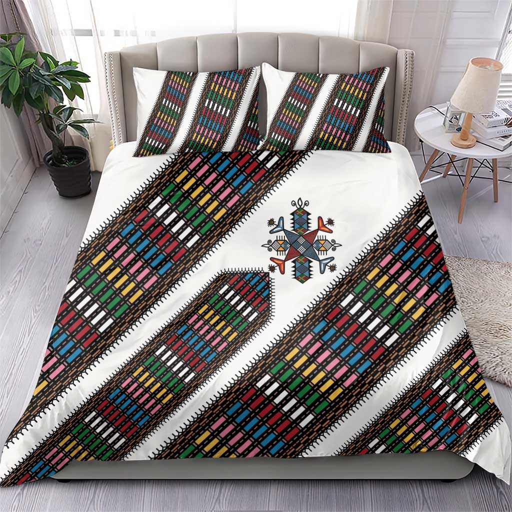 Habesha Kemis Inspired Tilet Pattern Bedding Set White