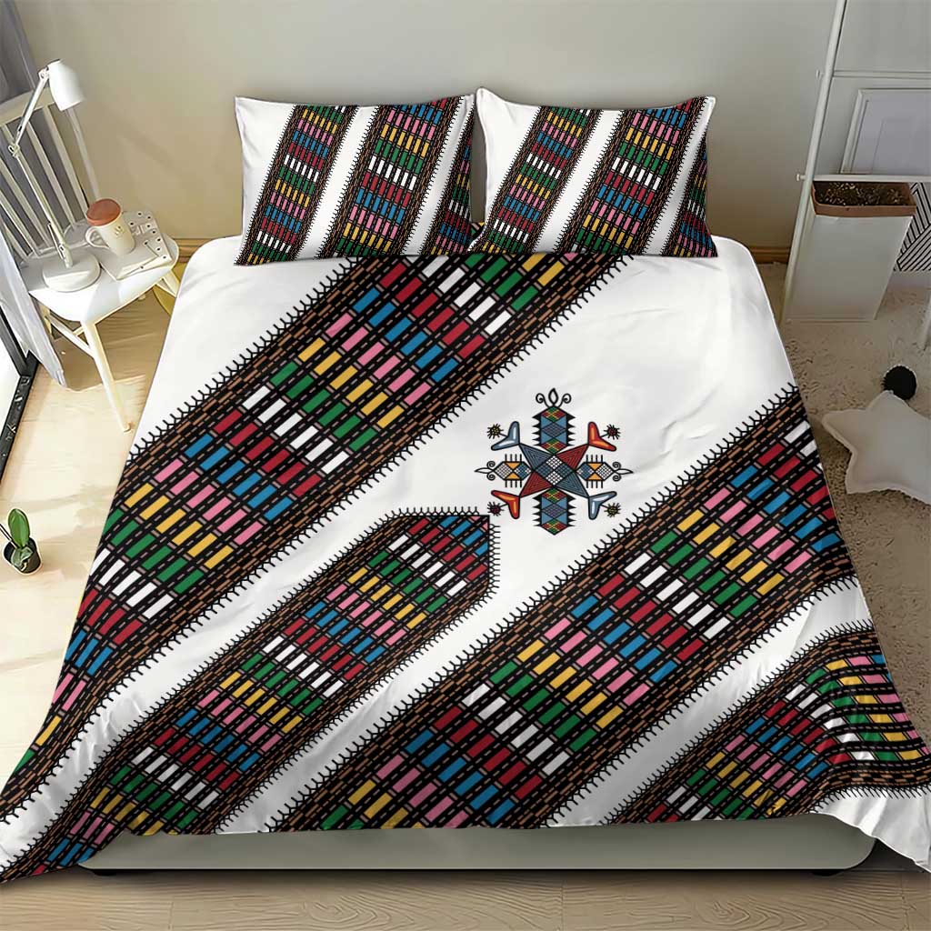 Habesha Kemis Inspired Tilet Pattern Bedding Set White