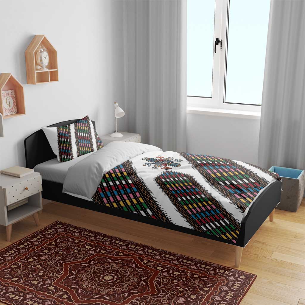 Habesha Kemis Inspired Tilet Pattern Bedding Set White