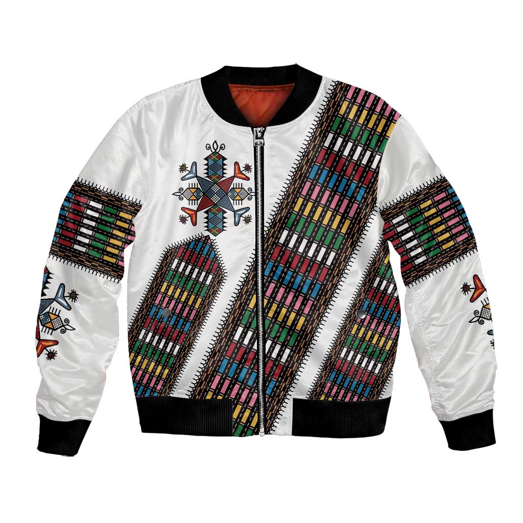 Habesha Kemis Inspired Tilet Pattern Bomber Jacket White