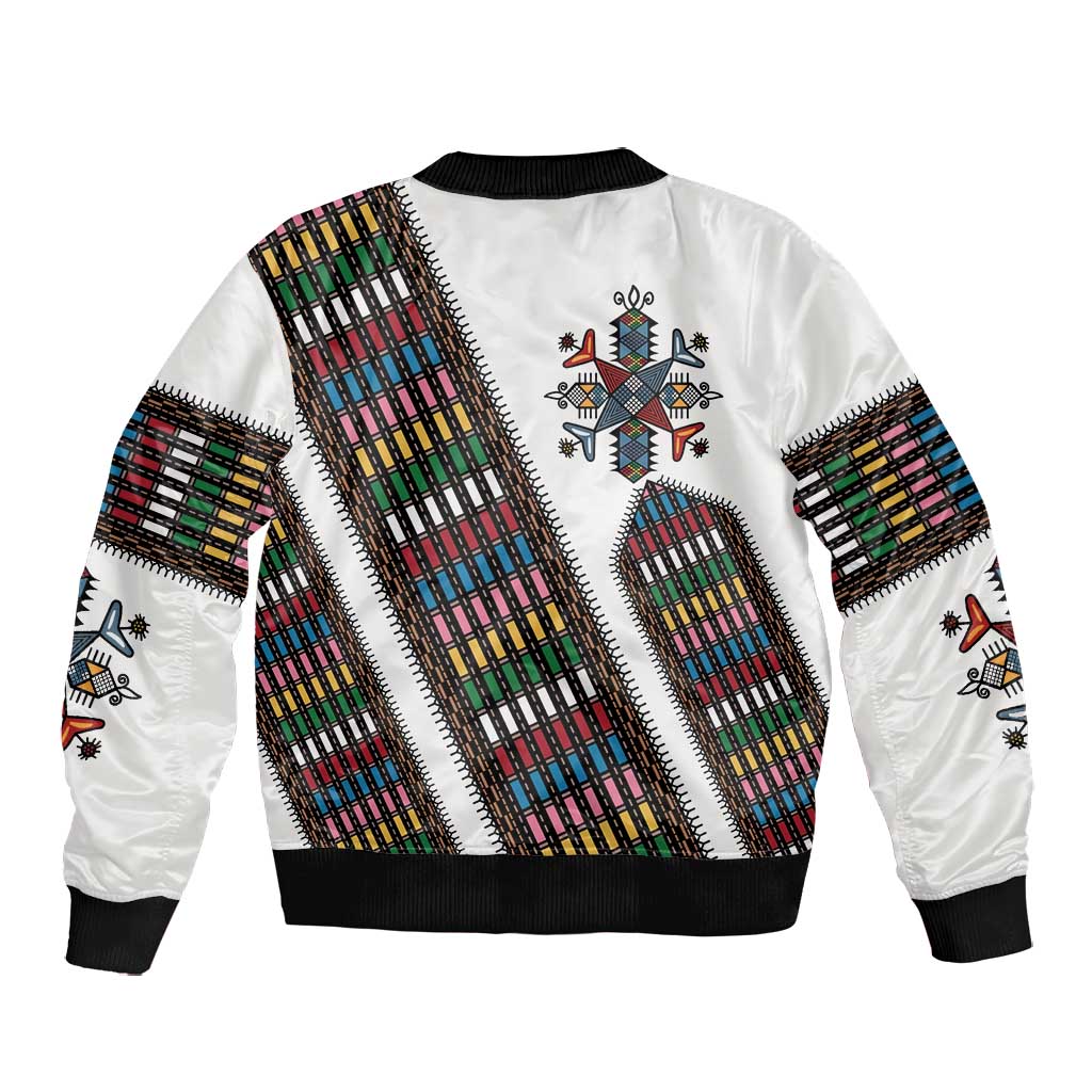 Habesha Kemis Inspired Tilet Pattern Bomber Jacket White
