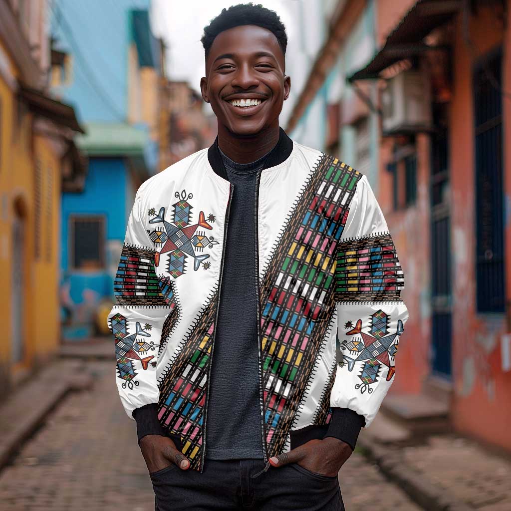 Habesha Kemis Inspired Tilet Pattern Bomber Jacket White